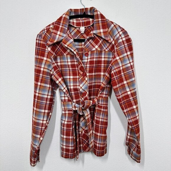 Vintage Wrangler Women's Plaid Flannel Belted Waist Length‎ Shacket Shirt Coat M - Picture 1 of 6